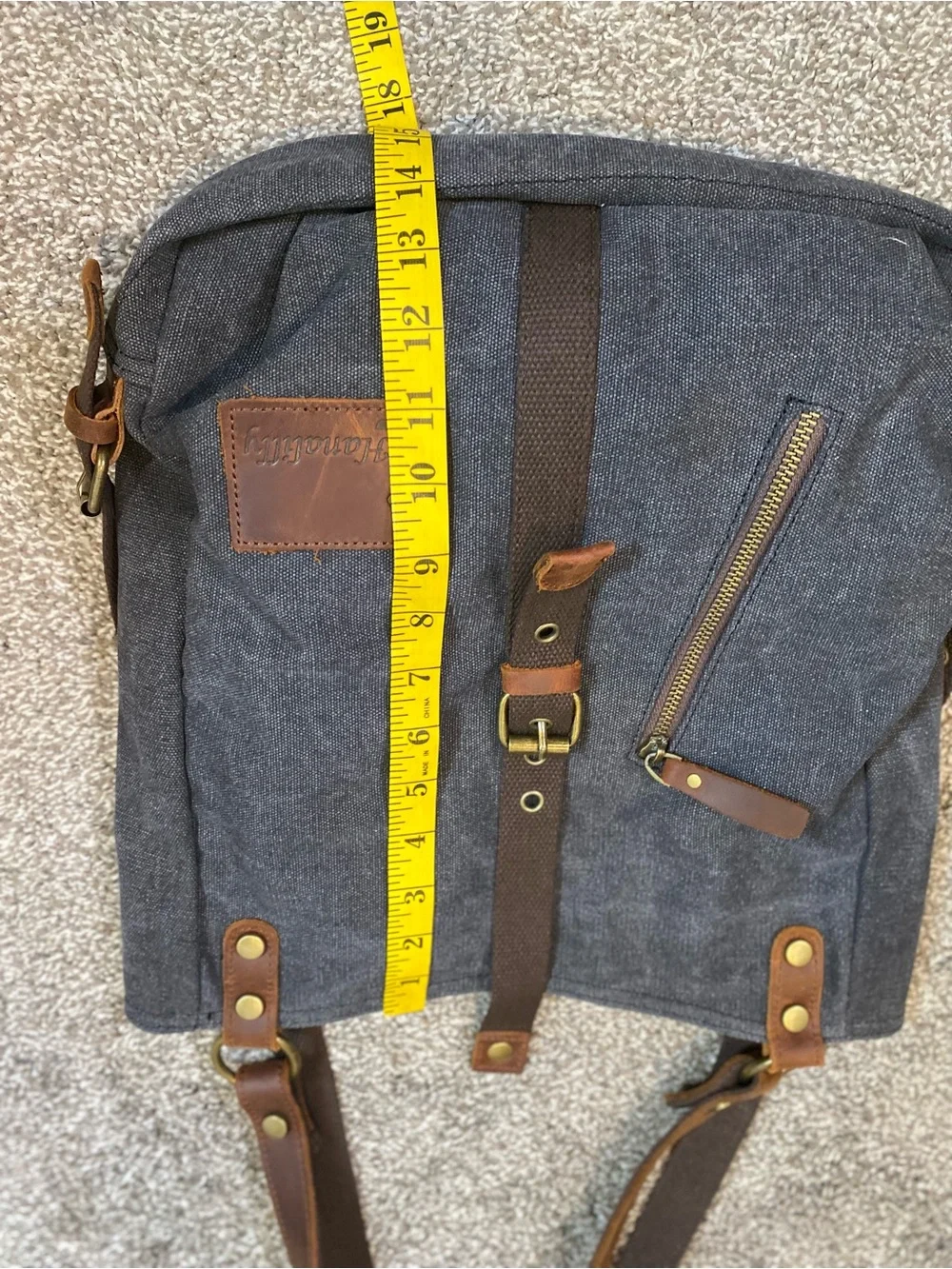 Gray Canvas Messenger Bag with Brown Leather Trim